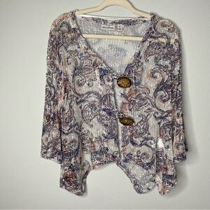 Nina Leonard Womens Mesh Sequin Sheer 3/4 Sleeve Paisley Beach Cardigan Sz S